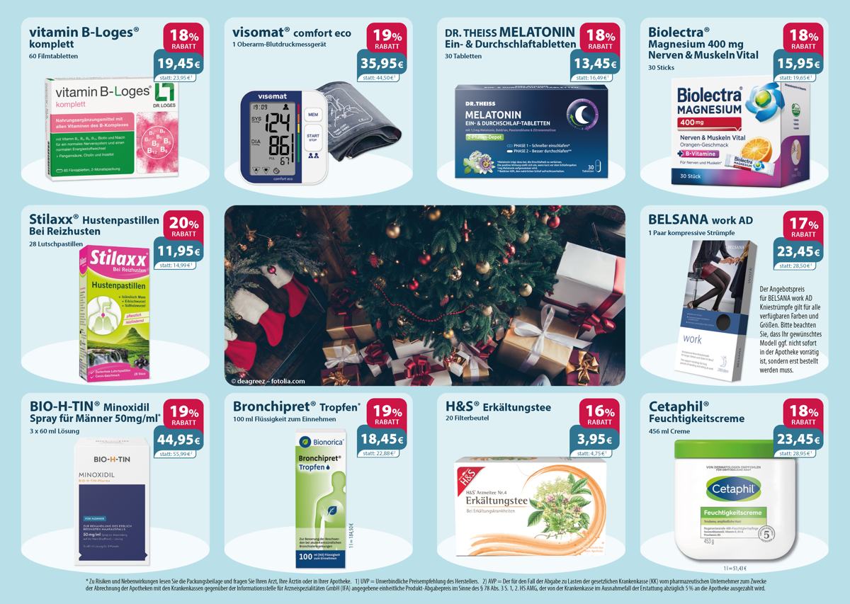 Aktuelle Monatsangebote Ihrer Apotheke Monatlicher Angebotsflyer der Apotheke mit Informationen zu Öffnungszeiten, Leistungen, Aktionen und wechselnden Produkten aus Gesundheit und Pflege.